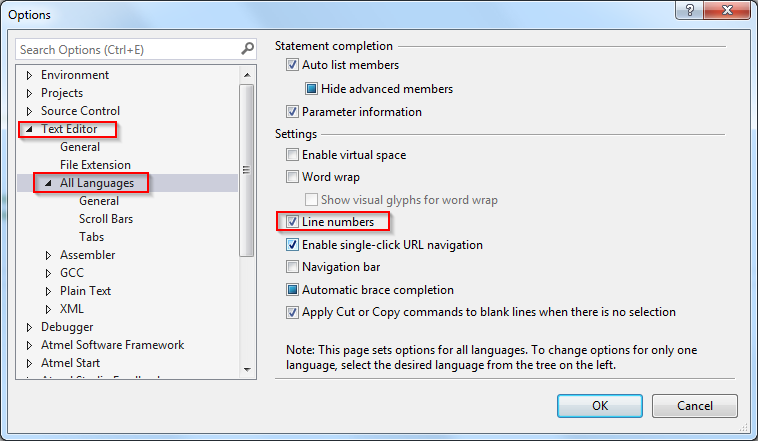 Enabling Line numbers in Visual Micro For Atmel Studio